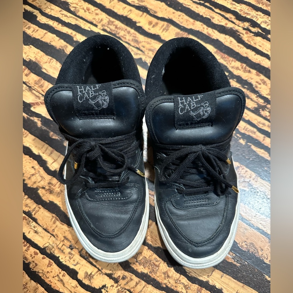 LAST DAY 
SHOP CLOSING 
Van’s Half Cab black leather skateboard shoes size 7.5